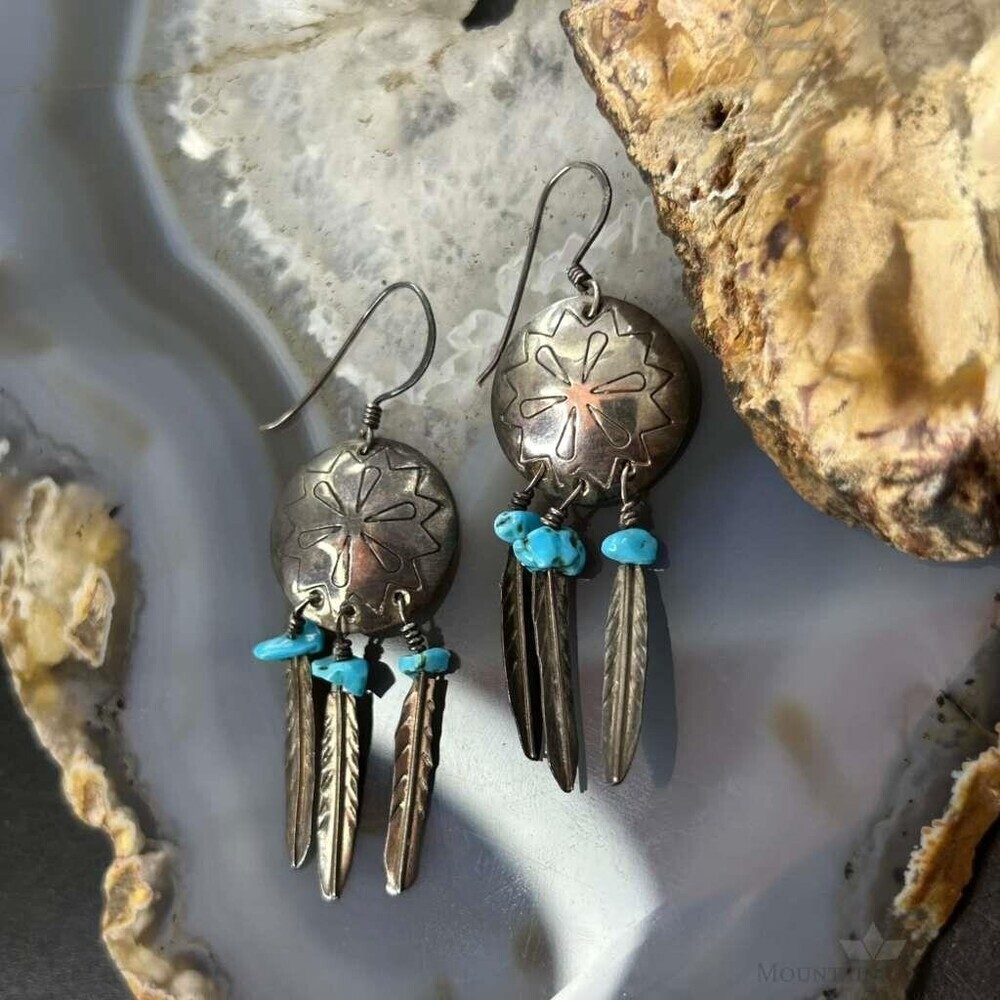 Vintage Native American Silver Turquoise w/Feather Dangle Earrings For Women - Picture 5 of 10